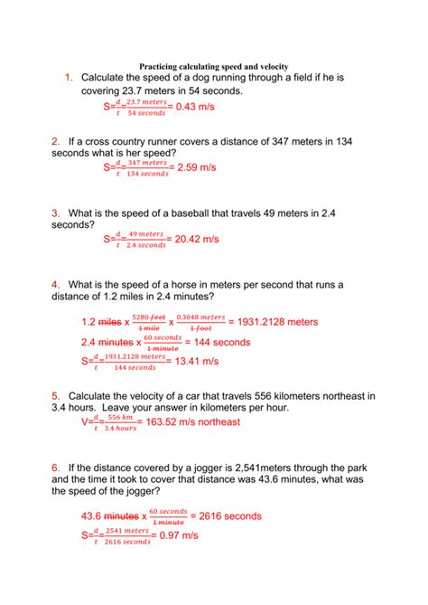 speed problem worksheet answer key pdf